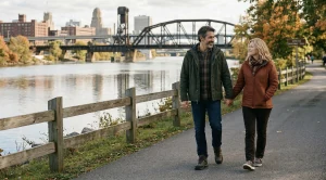A couple strolling at the genesee riverway trail in buffalo, new york state. (Generated with AI)