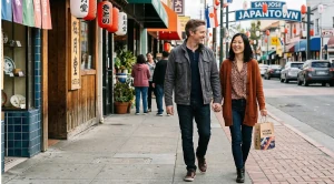 A couple strolling through japantown, san jose, hand in hand. (Generated with AI)
