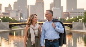A couple walking downtown besides a canal in indianapolis. (Generated with AI)
