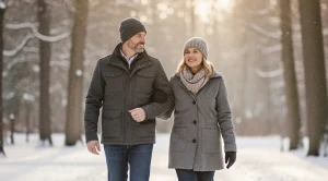 A couple enjoying a winter walk in hamilton next to snow and trees. (Generated with AI)
