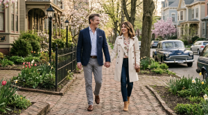 A couple walking hand in hand through the historic streets of rochester, ny.  (Generated with AI)