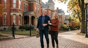 A couple strolling through historic homes in evansville, indiana.  (Generated with AI)