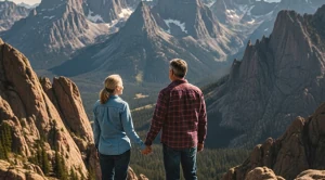 A couple enjoying the sunset view on rimrock in montana. (Generated with AI)