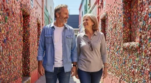 A couple discovering the bubblegum alley in san luis obispo on a date. (Generated with AI)