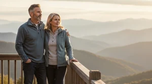 A couple near a cabin overlooking smoky mountains in Tennessee (Generated with AI)