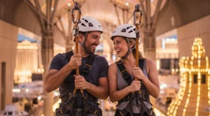 A couple enjoying the Fremont Street Zip Line in Las Vegas. (Generated with AI)
