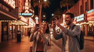 A couple exploring vintage vegas photospots with neon signs. (Generated with AI)