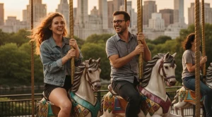 A couple riding the famous janes carousel in New York City. (Generated with AI)