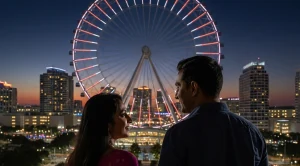 A couple staying in front of the Wheel in Icon Park, Orlando.  (Generated with AI)