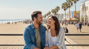 A couple sitting side by side enjoying a boardwalk date in Los Angeles. (Generated with AI)