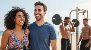 A couple meeting at the muscle beach in Los Angeles for a date. (Generated with AI)