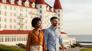 A couple walking side by side at the hotel del coronado in san diego. (Generated with AI)