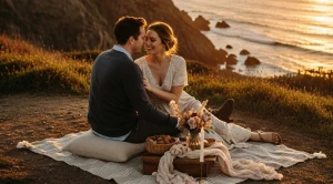 A couple enjoying a picnic at cliffs natural park while sunset. (Generated with AI)