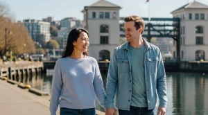 A couple walking hand in hand at the ballard locks in seattle.  (Generated with AI)