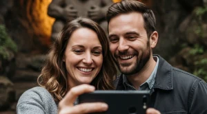 A couple taking a selfie under the famous fremont troll.  (Generated with AI)