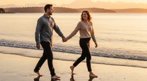 A couple walking hand in hand by the water at golden gardens park at sunset. (Generated with AI)