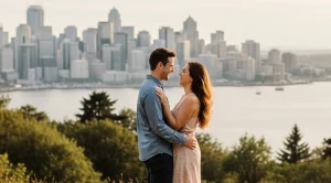 A couple enjoying the views of seattle skyline from kerry park.  (Generated with AI)
