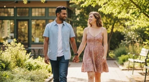A couple walking hand in hand through volunteer park in seattle.  (Generated with AI)