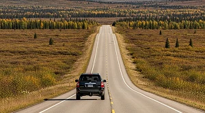 A car driving on a road in the nature. (Generated with AI)