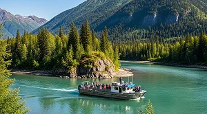 A riverboot on a lake surrounded by nature. (Generated with AI)