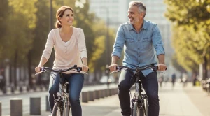 A couple biking on a street. (Generated with AI)