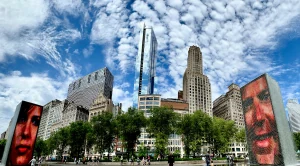 Skyline of Chicago and Crown Fountain Splash (Generated with AI)
