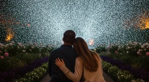 A couple is on a date exploring lit up botanical garden in denver. (Generated with AI)