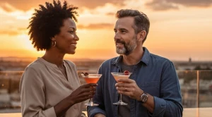A couple looking at each other enjoying drinks at a rooftop. (Generated with AI)