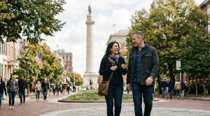 A couple in front of the washington monument in baltimore. (Generated with AI)