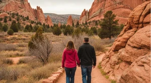 A couple walking the garden of the gods in Colorado Springs. (Generated with AI)