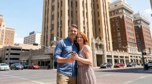 A couple taking pictures in front of o.t. basett tower in el paso. (Generated with AI)