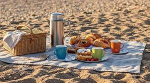 A picnic blanket at the beach, with snacks and drinks. (Generated with AI)