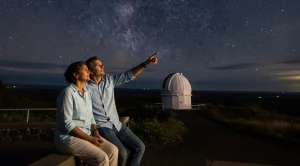 A couple visiting the astronomy center in imiloa, hawaii. (Generated with AI)