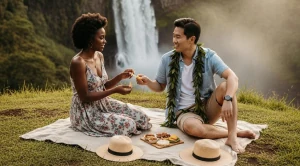 A couple enjoying a picnic at the wailu falls, hawaii. (Generated with AI)