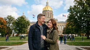 A couple in front of the state capitol building in des moines, iowa. (Generated with AI)