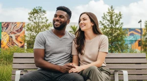 A couple enjoying a relaxed date on a park bench in domino park in Miami. (Generated with AI)