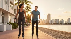 A couple rollerblading on ocean drive at sunset. (Generated with AI)