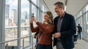 A couple taking pictures at the intricate skyway system in minneapolis. (Generated with AI)