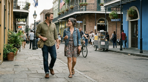 A couple strolling through the historic streets of new orleans. (Generated with AI)