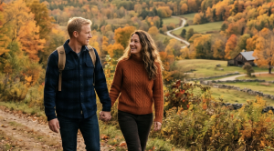 A couple walking at oak hill in new hampshire. (Generated with AI)
