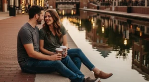 A couple enjyoing a date, sitting at the canals in bricktown, Oklahoma City. (Generated with AI)