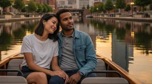 A couple sitting side by side on a water taxi in oklahoma city. (Generated with AI)