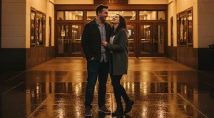A couple standing in front of alberta rose theatre in portland. (Generated with AI)