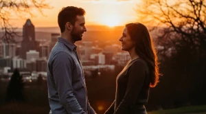 A couple standing side by site at mt tabour park enjoying the sunset. (Generated with AI)