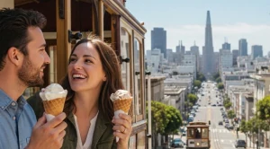 A couple riding a cable car in san francisco. (Generated with AI)