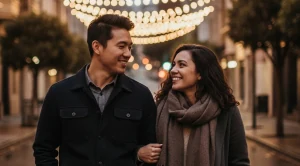 A couple enjoying a walk through a latern lit street in san francisco. (Generated with AI)