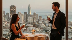 A couple enjoying a dinner at the top of the mark in san francisco. (Generated with AI)