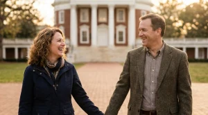 A couple strolling hand in hand at the university of virginia campus.  (Generated with AI)