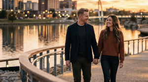 A couple walking hand in hand next to the arkansas river in Wichita. (Generated with AI)