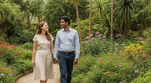 A couple strolling through a botanical garden. (Generated with AI)